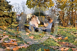 Happy kids playing with dog in sunny autumn park