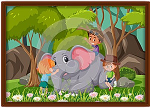 Happy kids playing with elephant photo in a frame