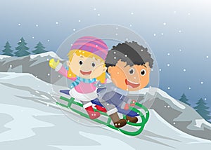 Happy kids playing sledge
