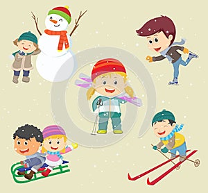 happy kids playing in snow and having winter fun