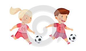 Happy kids playing soccer. Cute little children running with ball cartoon vector illustration