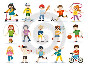 Happy kids playing sportive and enjoying different sports exercises. photo
