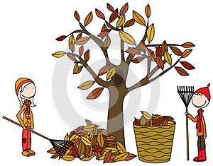 Happy kids raking leaves
