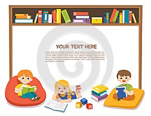 Happy kids read book and study together with multi colored bookshelf in library.