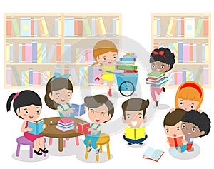 Happy kids reading book in a library ,cute children reading books, Happy Children while Reading Books education concept