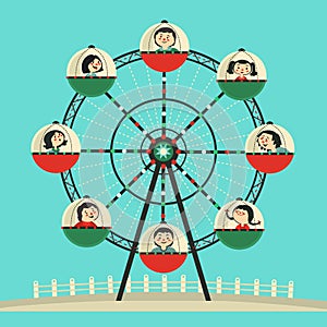 Happy kids ride on Ferris wheel flat color vector