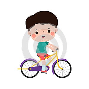 Happy kids riding bikes, cute boy on bicycle, Sports concept, child biking isolated on a white background Vector