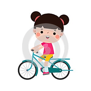 Happy kids riding bikes, cute girl on bicycle, Sports concept, child biking isolated on a white background Vector