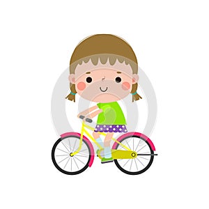 Happy kids riding bikes, cute girl on bicycle, Sports concept, child biking isolated on a white background Vector