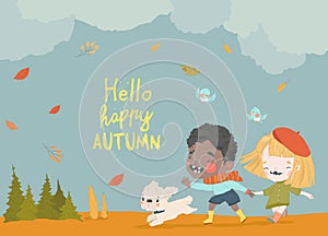 Happy Kids running on Autumn Meadow with Cute Dog