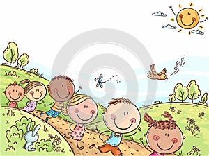 Happy kids running outdoors on a summer day, colorful background with a copy space