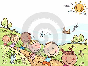 Happy kids running outdoors on a summer day, colorful background with a copy space photo