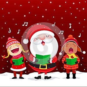 Happy kids with Santa Claus singing Christmas Carols