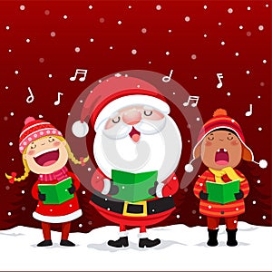 Happy kids with Santa Claus singing Christmas Carols photo