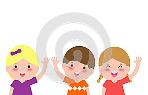 Happy kids shows Hands Up and Waving Hello, children boy and girl hi gesture, Isolated on white background Vector illustration.