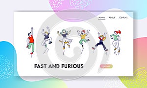 Happy Kids Stand in Row Dancing and Jumping Website Landing Page. Little Children Rejoice on Summer Time Vacation