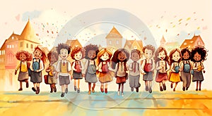Happy kids stay in line, front view. Childhood, back to school concept