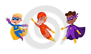 Happy kids superheroes set. Brave boys wearing colorful comics costumes cartoon vector illustration