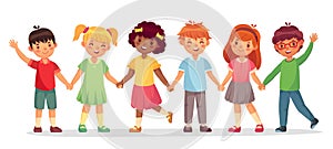 Happy kids team. Multinational childrens, school girls and boys stand together holding hands isolated vector illustration