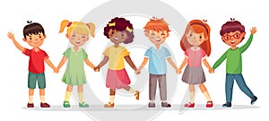 Happy kids team. Multinational childrens, school girls and boys stand together holding hands isolated vector