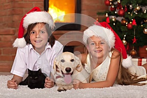 Happy kids and their pets celebrating Christmas