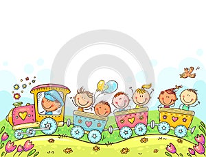 Happy Kids travelling by train, colorful vector illustration photo