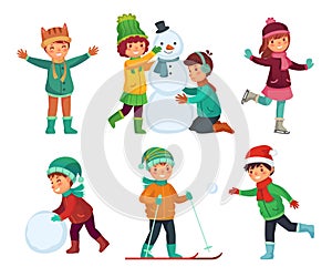 Happy kids winter activities. Children playing with snow. Cartoon kid characters in winters hats vector collection