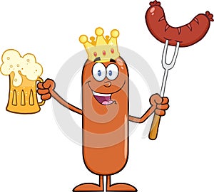 Happy King Sausage Cartoon Character Holding A Beer And Weenie On A Fork