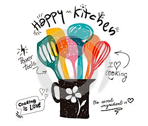 Happy kitchen and love cooking quote colors utensils in doodle illustration