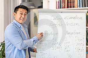 Happy Korean Male Teacher Posing Near Whiteborad Standing In Classroom