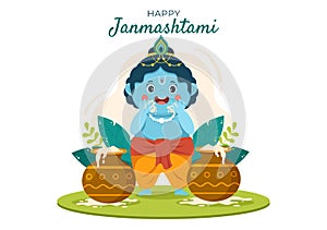 Happy Krishna Janmashtami festival of India with Bansuri and Flute, Dahi Handi and Peacock Feather in Cute Cartoon Illustration