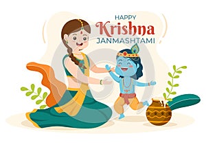 Happy Krishna Janmashtami festival of India with Bansuri and Flute, Dahi Handi and Peacock Feather in Cute Cartoon Illustration