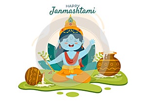 Happy Krishna Janmashtami festival of India with Bansuri and Flute, Dahi Handi and Peacock Feather in Cute Cartoon Illustration