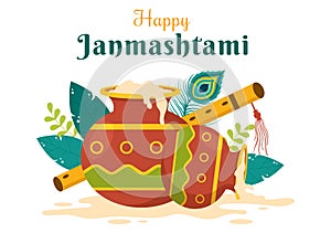 Happy Krishna Janmashtami festival of India with Bansuri and Flute, Dahi Handi and Peacock Feather in Cute Cartoon Illustration