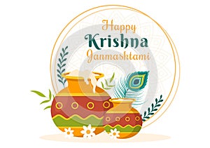 Happy Krishna Janmashtami festival of India with Bansuri and Flute, Dahi Handi and Peacock Feather in Cute Cartoon Illustration