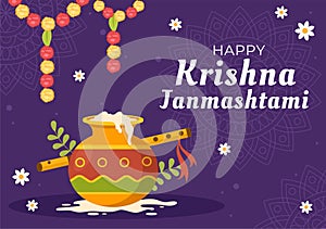 Happy Krishna Janmashtami festival of India with Bansuri and Flute, Dahi Handi and Peacock Feather in Cute Cartoon Illustration