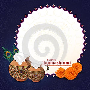 Happy Krishna Janmashtami Square Poster. Dahi Handi Festival Art. Image with Copy space. Makhan Matki, flute, peacock feathers.