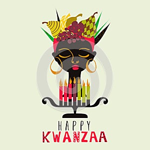 Happy Kwanzaa greeting card, background. Simple, abstract, modern, hand drawn illustration, black woman silhouette with fruits photo