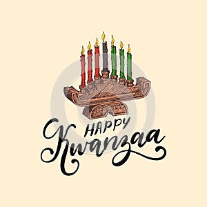 Happy Kwanzaa hand lettering, candle holder Kinara photo
