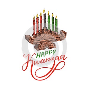 Happy Kwanzaa hand lettering, candle holder Kinara photo