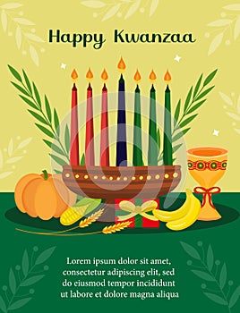 Happy Kwanzaa poster greeting card. African American holiday festival template for your design with kinara. Vector