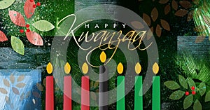 Happy Kwanzaa script brush stroke and leaves graphic background