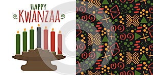 Happy Kwanzaa - set of vector illustration of candle holder kinara isolated on white with seven candles and Tribal African ethnic photo