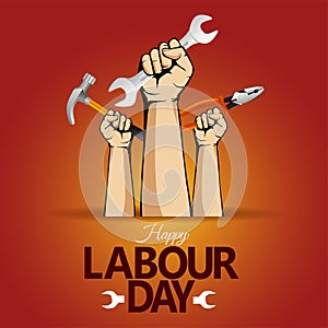 Happy Labor Day On 1 May with man hand holding tools. vector illustration design