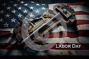 Happy Labor day banner, american patriotic background. American flag and construction detail