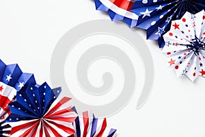 Happy Labor Day banner mockup with American flag color paper fans on white background. USA Independence Day, American Labor day,