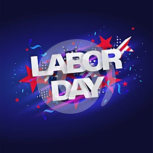 Happy Labor Day banner. USA festive design in national colors of american flag and stars pattern.