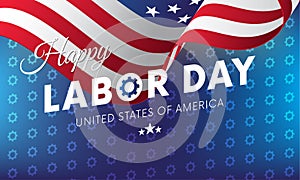 Happy Labor Day. Blue gradient background. Gears background. Waving flag. Vector.