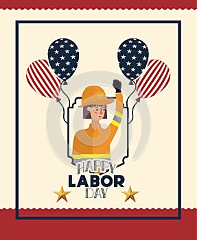 Happy labor day card with firewoman and balloons