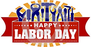 Happy Labor Day colorful celebrating banner with rays of sunburst and silhouettes of workers